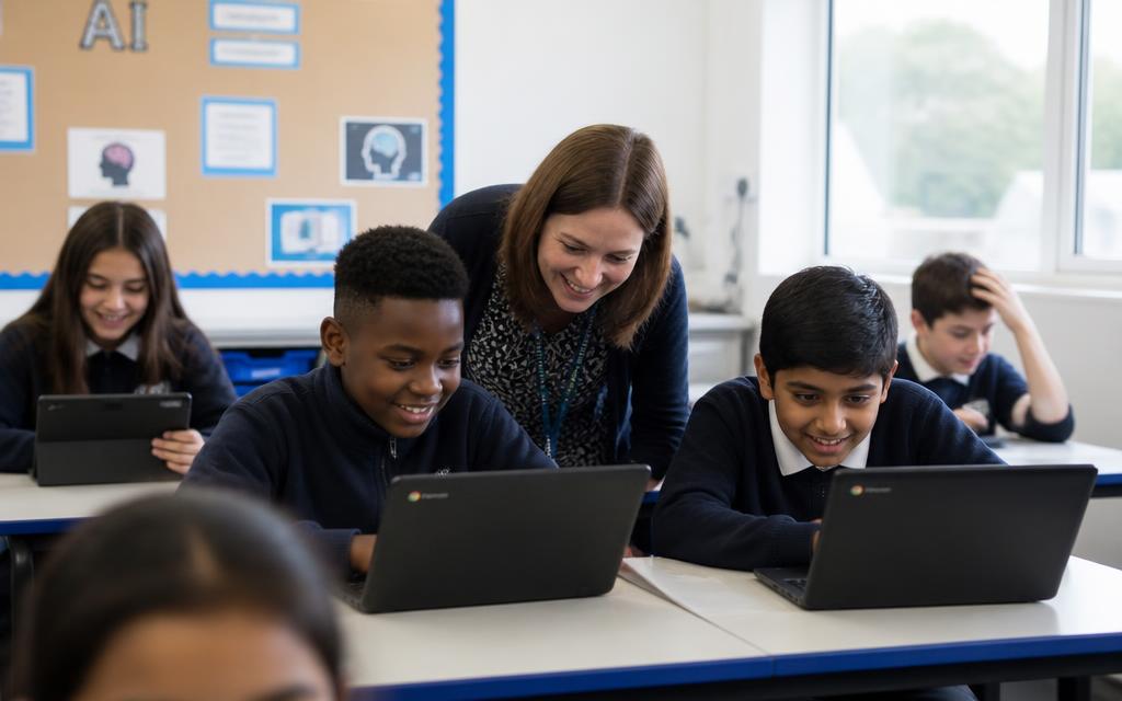 A diverse group of white, Black and Asian children aged 7–15 learning AI Foundations in a UK classroom