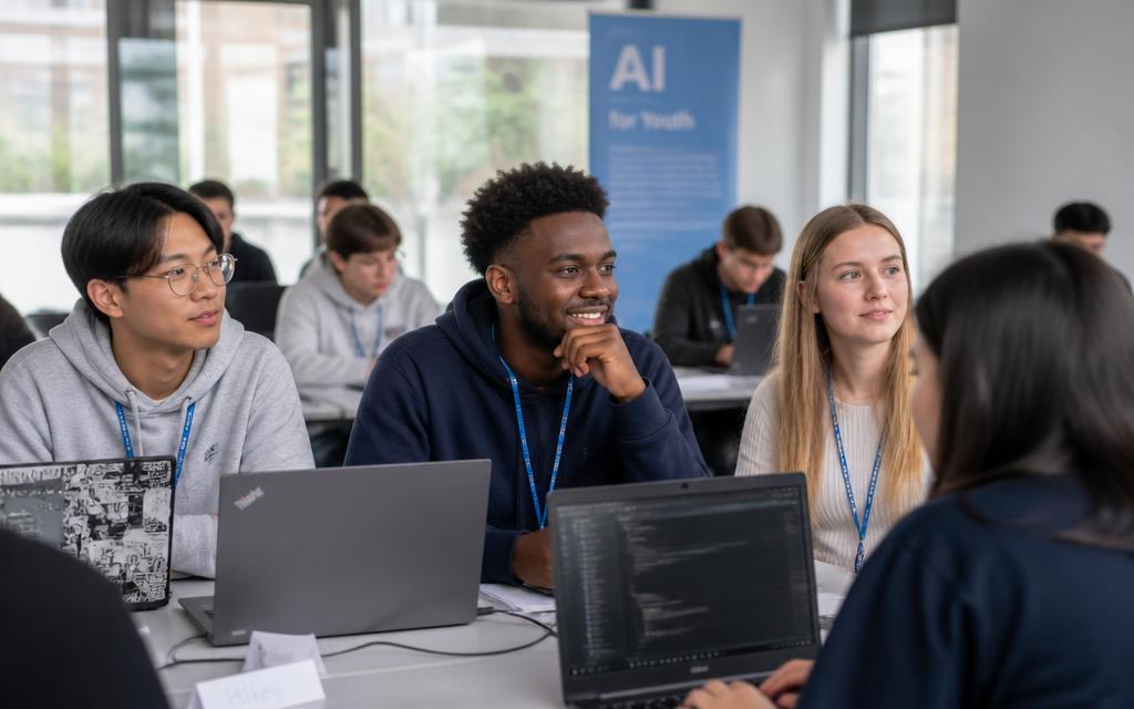 Diverse young adults aged 16–24 in an AI Futures: Youth Edition training session in the UK