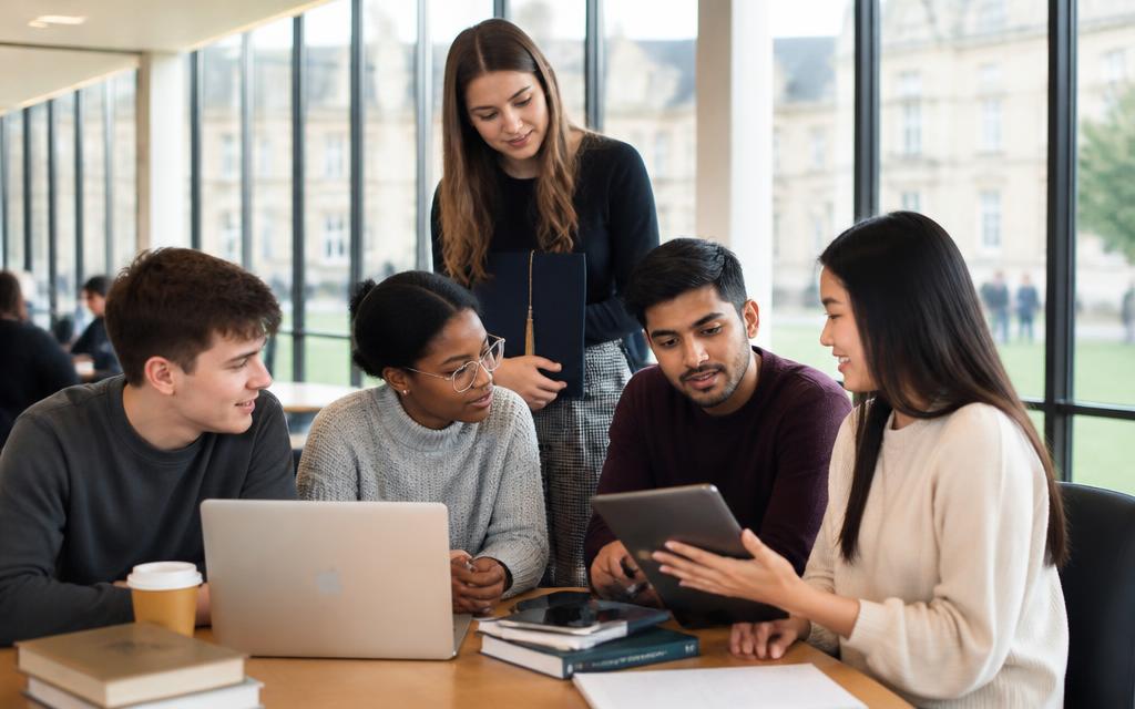 Diverse final-year students and recent graduates collaborating at a UK university