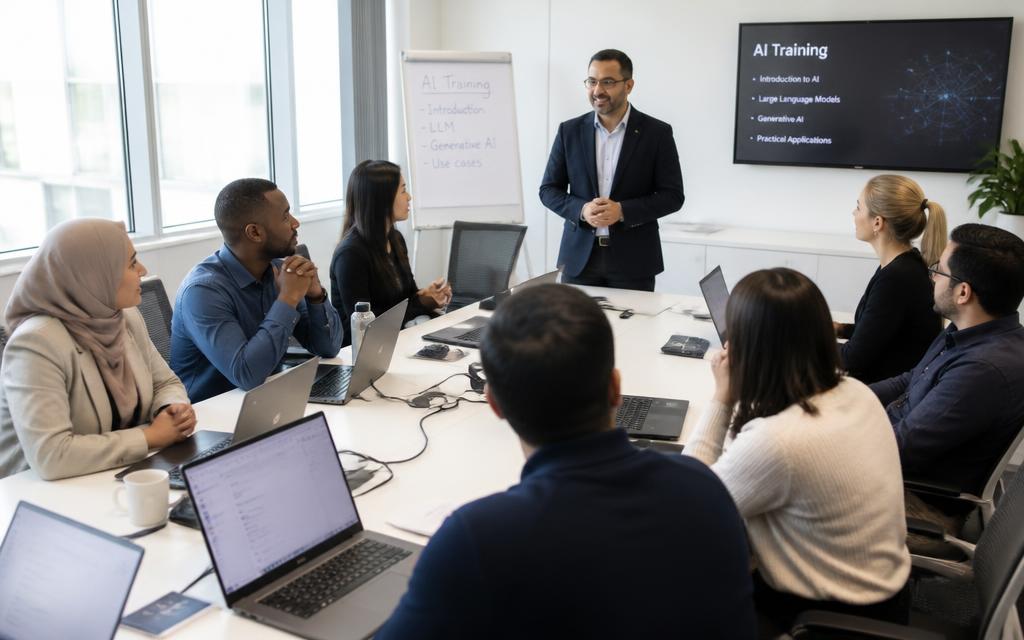 Diverse group of white, African, Arab and Asian professionals in a Clap Academy AI workshop