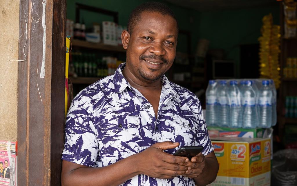 Nigerian business owner in his shop in Edo State using a smartphone