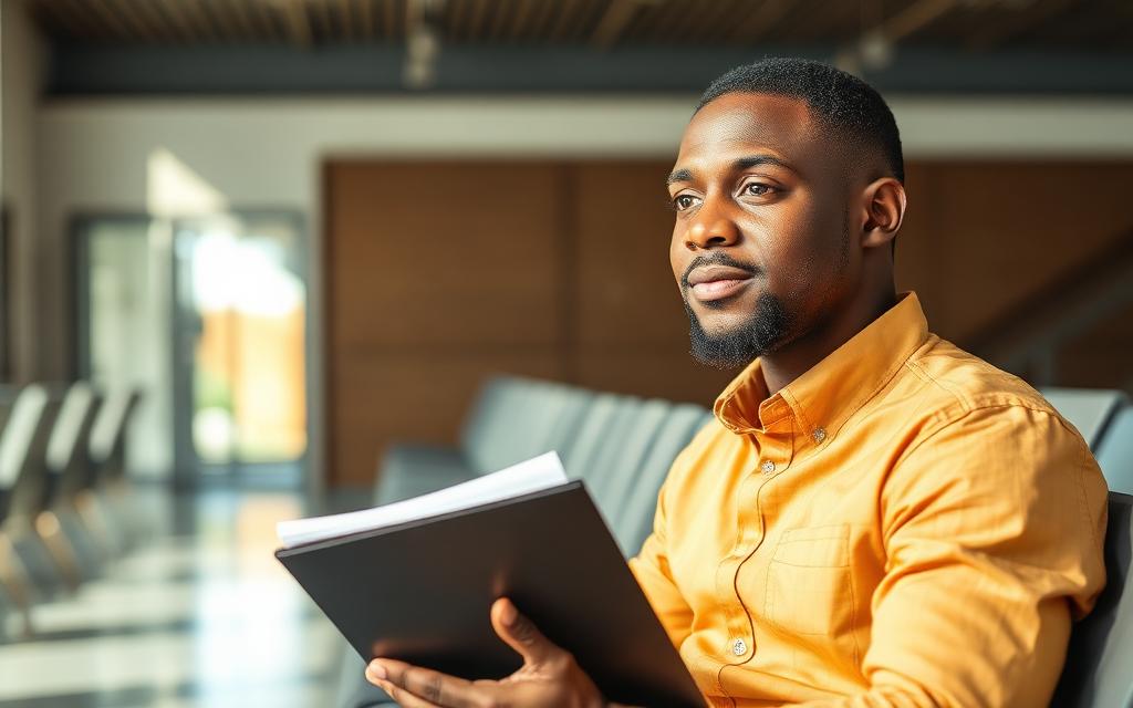 Young Nigerian man waiting for a job interview with a folder