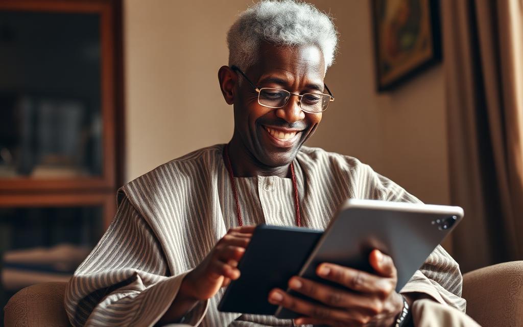 Older Nigerian man in traditional Edo attire learning on a tablet