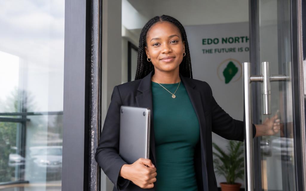 Confident Nigerian professional woman entering a modern office with a laptop